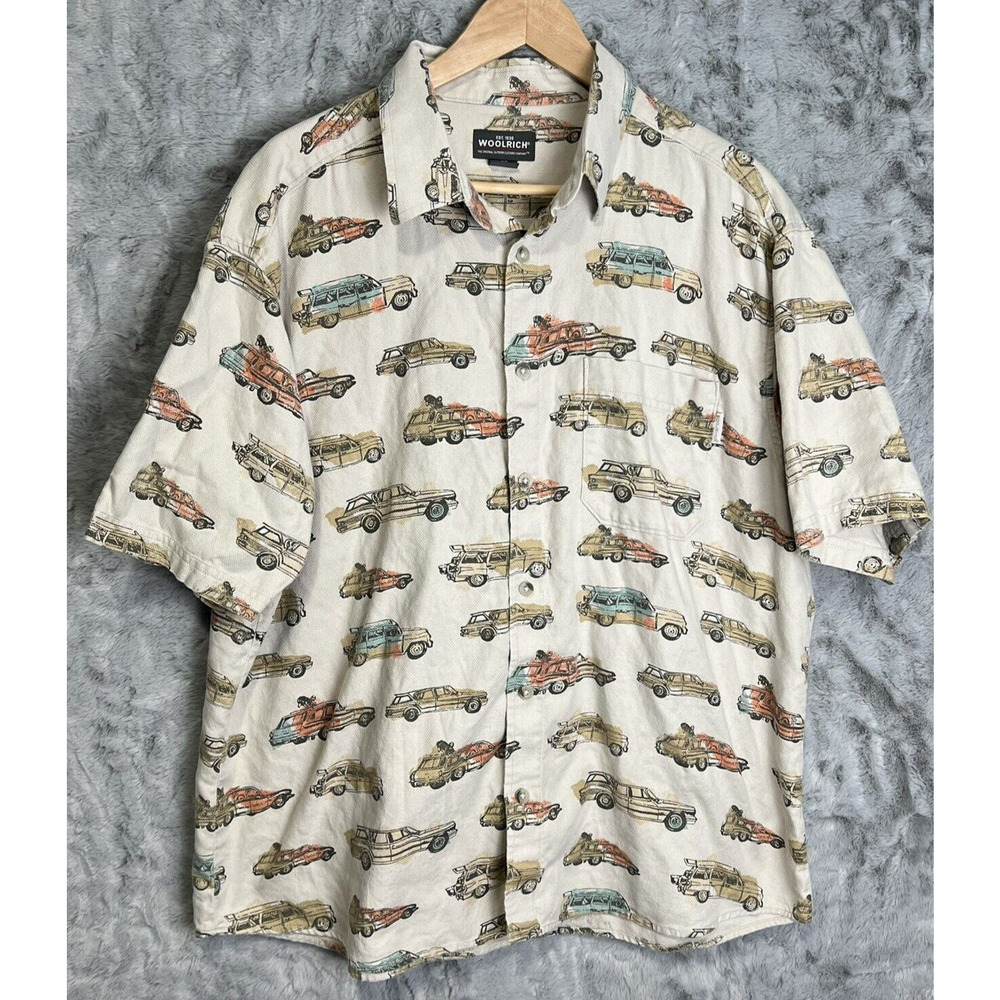 Woolrich Button Up Hawaiian Mens XL Beige Wagon Cars Watercolor Art Hipster‎ Y2K